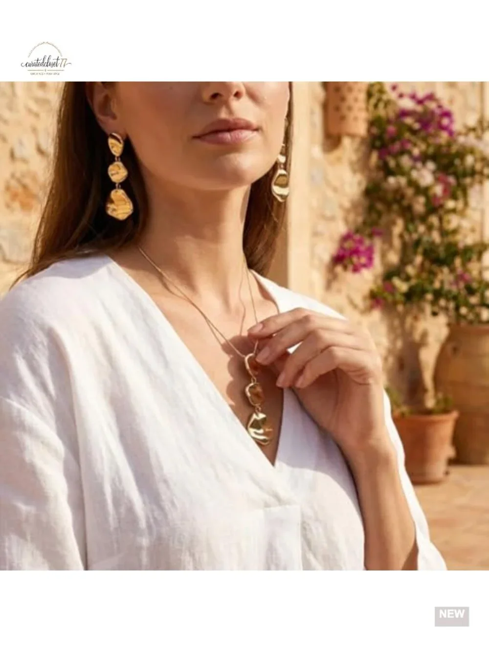 Gold Chunky Geometric Pendant Necklace and Earrings Set, Snake Chain,